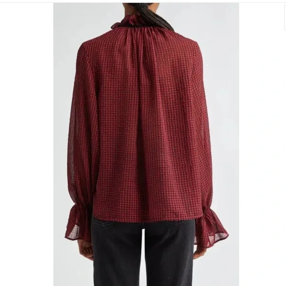 Ganni Red & Black Check Seersucker Tie Neck Shirt ♥️ - Picture 3 of 15